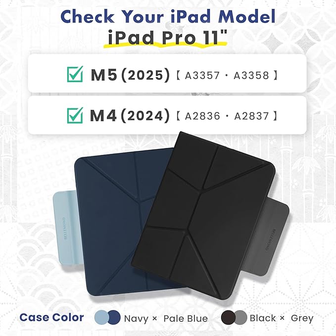 BELLEMOND iPad Pro 11" Case M5 2025 / M4 2024 | Origami Folio Stand | 6-Mode Foldable, Magnetic Detachable Cover | Mamoru Ori Case | Navy & Pale Blue