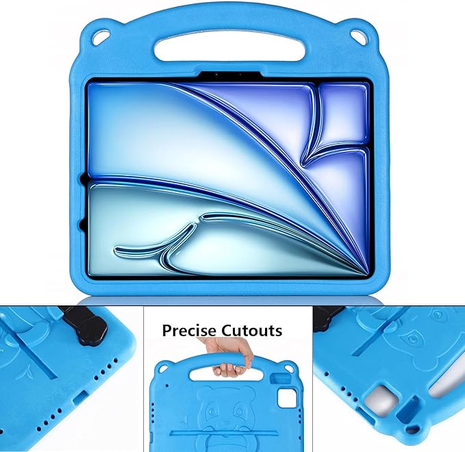 Kids Case for Apple iPad Air 11 inch Tablet (M3 2025/M2 2024), with Kickstand/Handle Slim Lightweight Soft EVA Foam Shockproof Stand Boys Girls Cute Heavy Duty Protection Cover, Blue Panda