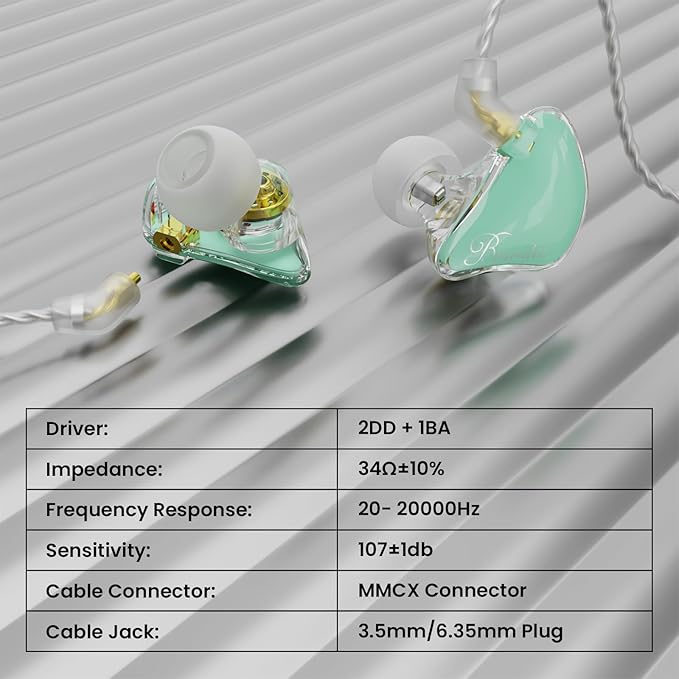 BASN Bmaster in Ear Monitor Headphones, Triple Driver IEM Earphones with Powerful Bass, Noise Isolation HiFi Stereo Wired Earbuds for Musicians Singers Drummers (Teal)