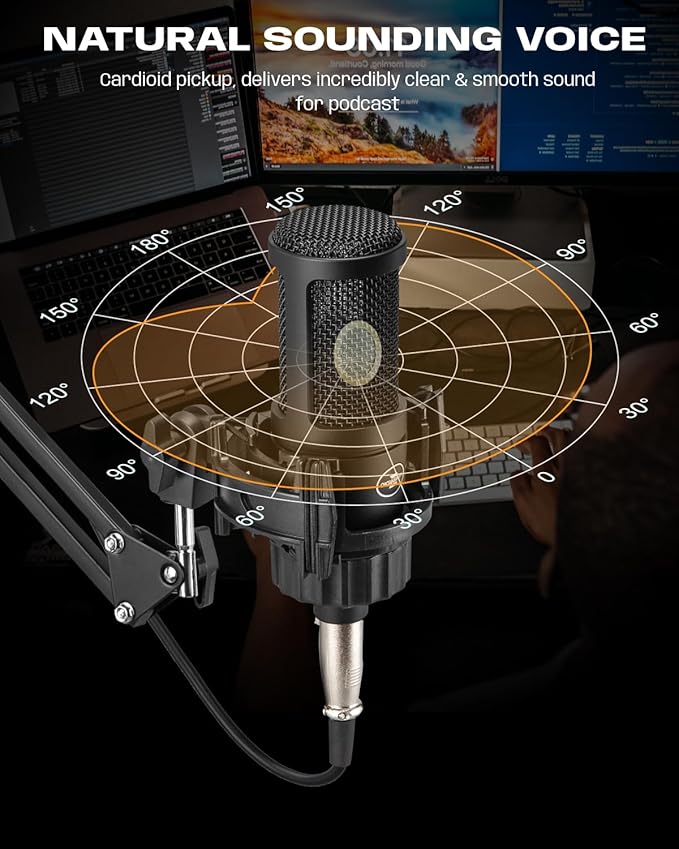 XLR Podcast Microphone, Professional Cardioid Studio Condenser Microphone XLR with 26mm Large Diaphragm for Recording, Streaming, Gaming, ASMR, Computer PC Mic Kit with Boom Arm, Pop Filter