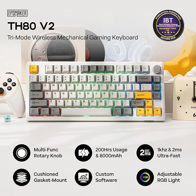 EPOMAKER TH80 V2 75% Wireless Mechanical Keyboard with Metal Knob, 8000mAh, 2.4Ghz/BT/USB-C, RGB, Hot Swap, Custom Driver, PBT Keycap, Wireless Gaming Keyboard for PC/Mac (White, Creamy Jade)