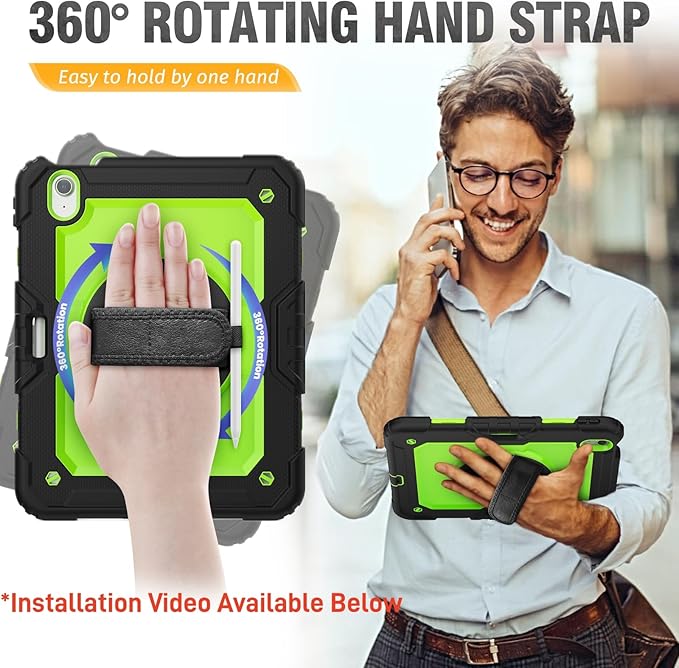 HXCASEAC Rugged Case for iPad Air 11 inch M4 M3 M2 (2026 2025 2024), Heavy Duty Protective Design with Pencil Holder, Screen Protector, Rotating Stand, Hand Strap, for iPad Air 11 Hard Case (Green)