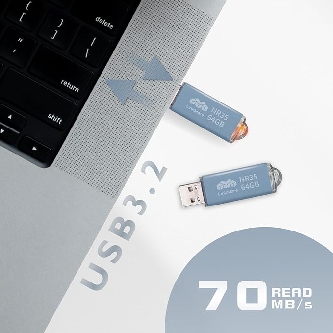 LinkMore 64GB (10 Pack) NR35 USB Flash Drive – USB 3.2 Memory Stick with Cap and Keychain Loop, Up to 70MB/s Read, 10MB/s Write – Plug & Play USB Drive for PC, Mac, TV, Car