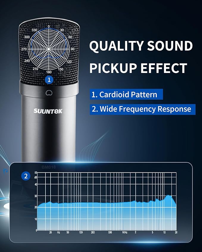 SUUNTOK XLR Condenser Microphone Recording Microphone for PC Computer Home Studio Cardioid Podcast Mic Kit for Streaming, ASMR, YouTube, Voice-Over, Gaming, Vocal (Black)