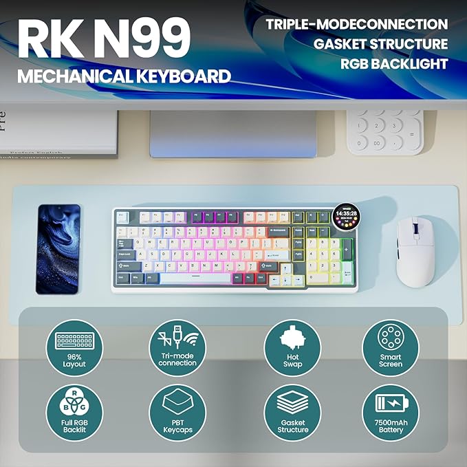 RK ROYAL KLUDGE N99 Wireless Mechanical Keyboard Full Size, Smart Display Screen & Knob, BT/2.4G/USB-C, 96% Hot Swappable Custom Keyboard, Pre-lubed Tactile Switches, Gasket Mount, RGB Gaming Keyboard