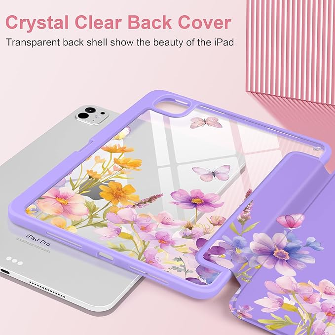 Case for iPad Pro 11 inch (M5) 2025 (M4) 2024 Release Slim Lightweight Cute Purple Cover with Clear Back TPU Edge Pencil Holder Trifold Stand, Watercolor Flower