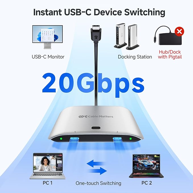 Cable Matters 20Gbps USB C Switch for 2 Computers, 140W PD, Up to 8K@30Hz on Windows, 4K@60Hz on macOS, Sharing One USB-C/Thunderbolt 4 Monitor or Dock (Not for Dock with an Attached Cable)