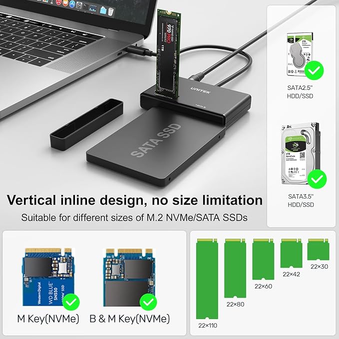 Unitek M.2 NVMe SSD Enclosure Adapter – 10 Gbps Hard Drive Reader Tool Free Pcie NVMe Adapter External USB 3.2 M2 SATA Case Converter Supports M Key Any Sizes M.2 2.5" /3.5" SATA Solid State Drive