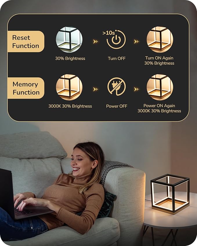 EDISHINE Modern LED Table Lamp, Minimalist Bedside Lamp with Solid Wood Base, 3 Way Dimmable, 3000K/4500K/6000K, 470LM, Black Gold Square Geometric Nightstand Lamp for Living Room, Bedroom, Office