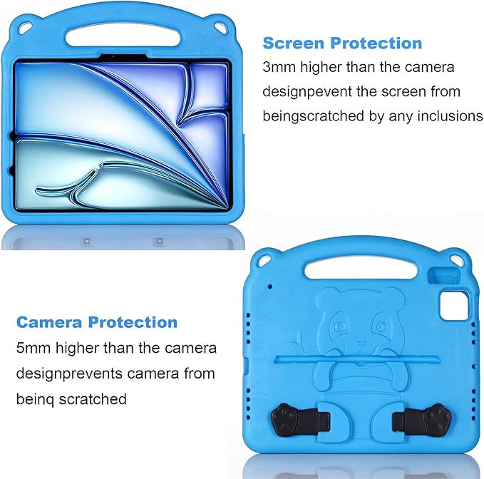 Kids Case for Apple iPad Air 11 inch Tablet (M3 2025/M2 2024), with Kickstand/Handle Slim Lightweight Soft EVA Foam Shockproof Stand Boys Girls Cute Heavy Duty Protection Cover, Blue Panda