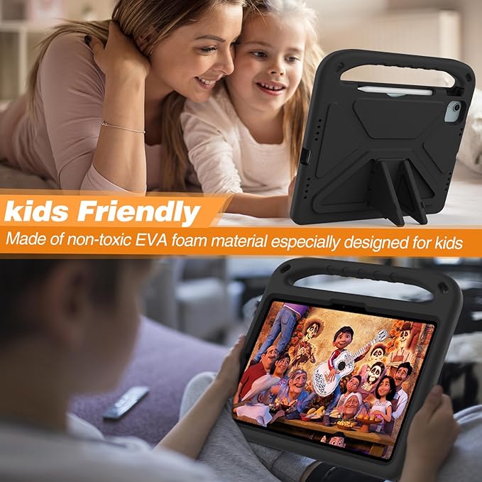 Kids Case for Apple iPad Air 11 inch M4/M3/M2 (2026/2025/2024) with Pencil Stylus Holder/Handle/Kickstand Slim Lightweight Cute Soft Shockproof EVA Folio Stand Protective Tablet Cover, Black