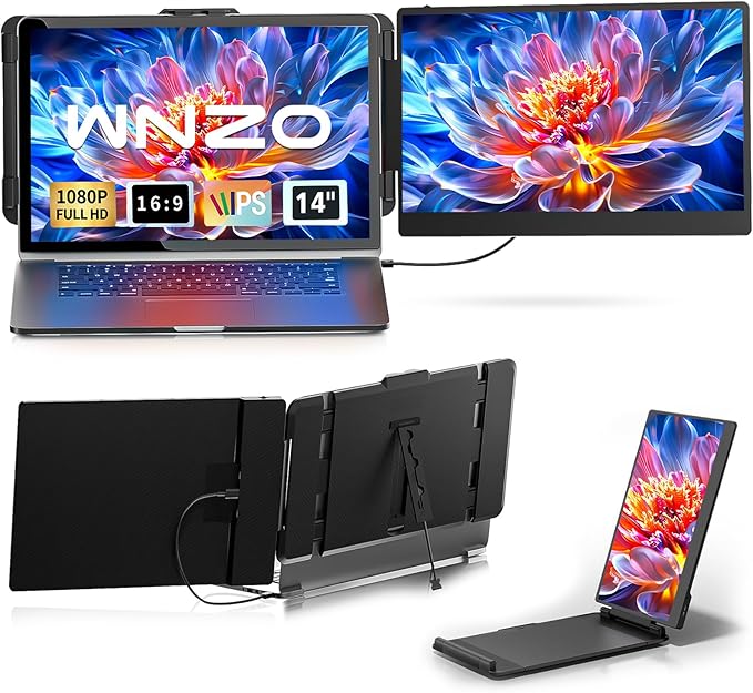 Laptop Screen Extender 14" - Dual Portable Monitor FHD 1080P IPS Second Screen for 13"-17" Laptops, Plug & Play for Trip/Remote Work Compatible with Windows/Mac/Android/Chrome