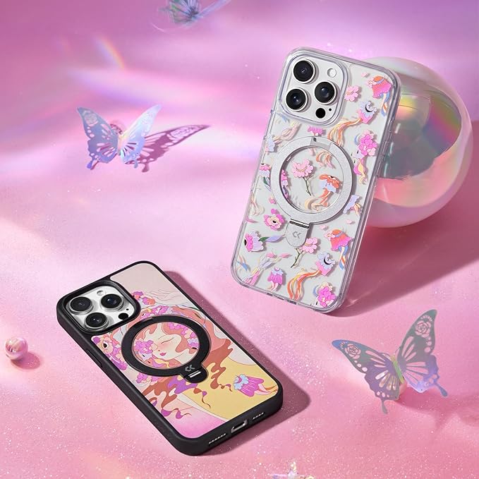 CASEKOO Floral Series [ArtCollab x Leah Han] Floral Jellyfish for iPhone 16 Pro Max Case with Magnetic Ring Stand [Compatible with MagSafe] [Military-Grade Protection] Clear Back, Soft Edge, for Women