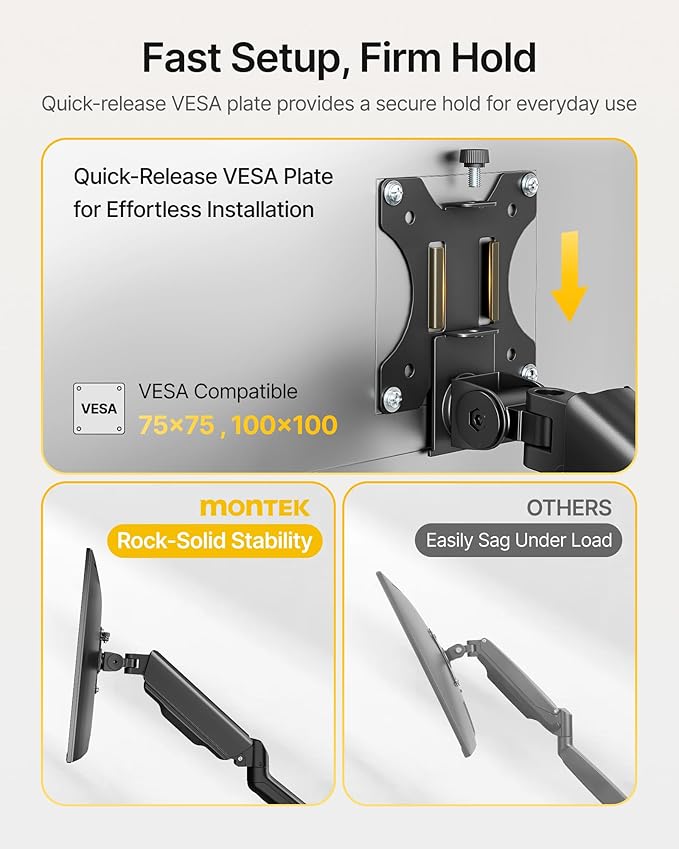 monTEK Heavy Duty Single Monitor Arm for 17-32” Flat/Curved Screens, Premium Mechanical Spring Monitor Arm up to 19.8 lbs, Full Motion Monitor Desk Mount with Quick-Release VESA Plate, Clamp/Grommet