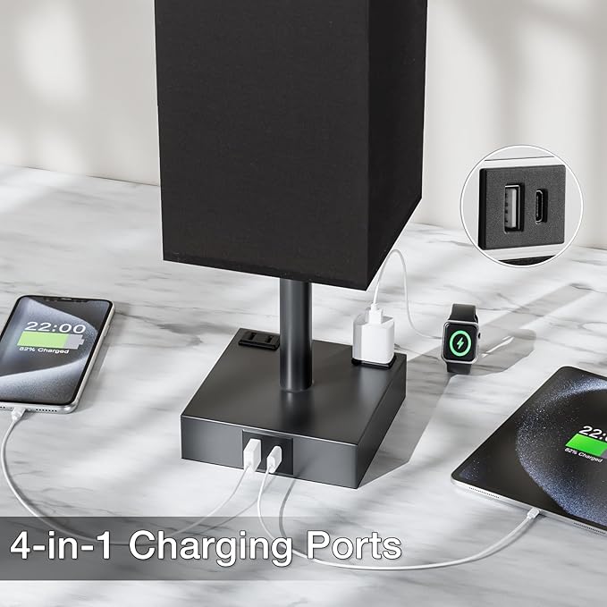Touch Bedside Table Lamp for Nightstand - 3-Way Dimmable Night Lamp with USB A + Type C Charging Ports and Two AC Outlets, Small Desk Light with E26 LED Bulb for Bedroom Living Room Dorm Office,Black
