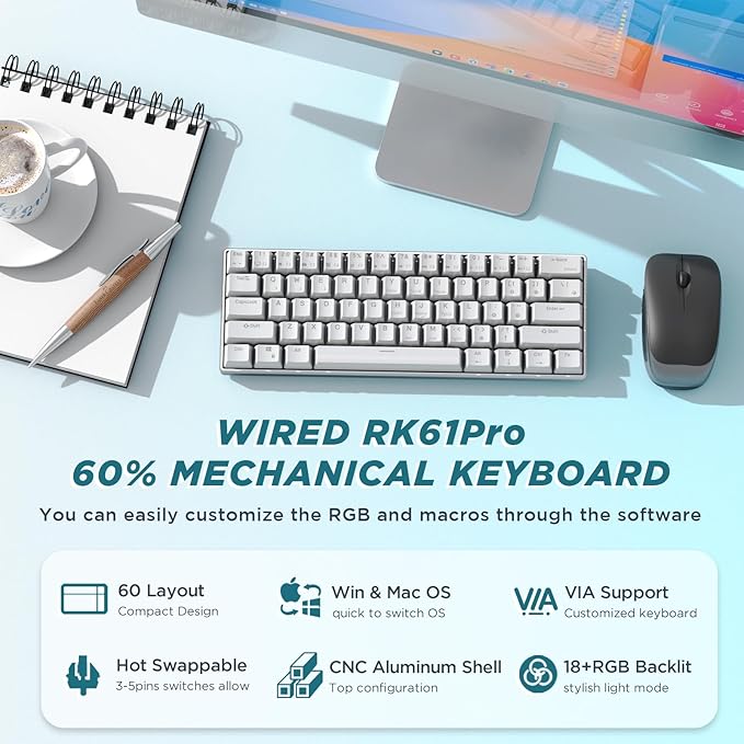 RK ROYAL KLUDGE RK61 Pro 60% Wired Gaming Keyboard, Hot Swappable Mechanical Keyboard with Aluminum Shell, Programmable RGB Backlit PC Game Keyboards 61 Keys, PBT Keycaps, Gateron Red Switch, White
