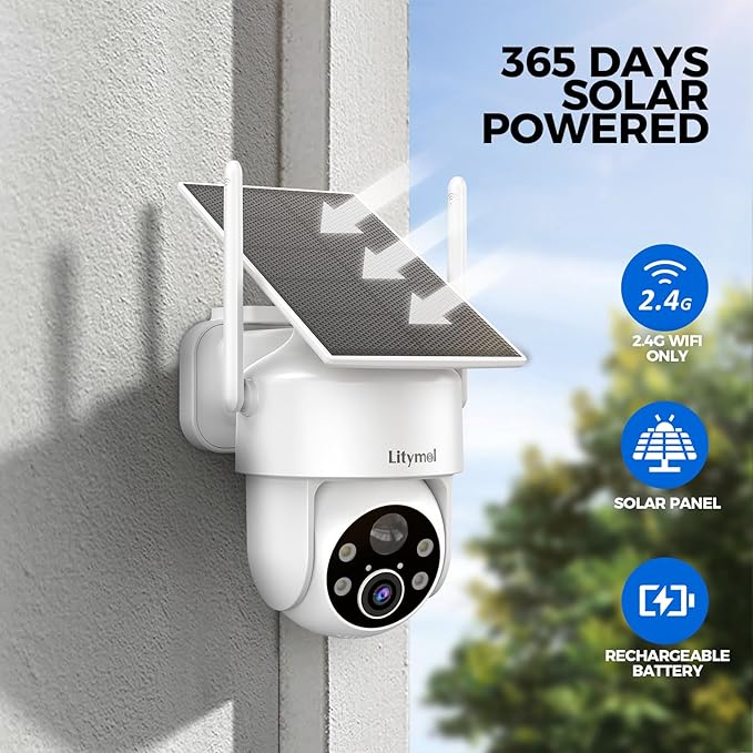 LITYMOL 2K 360° View Security Cameras Wireless Outdoor, Solar Cameras for Home Security, Color/IR Illumination Night Vision, AI Detection, 2-Way Audio, Siren Alarm, SD/Cloud Storage, 2.4g WiFi