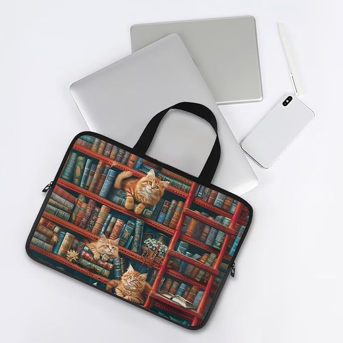 Vintage Bookshelf Laptop Sleeve Case Computer Cover Compatible with 10-17 Inch Tablet Cute Cat Protective Carrying Bag Briefcase Carrying Case, 13 Inch, Book Lover