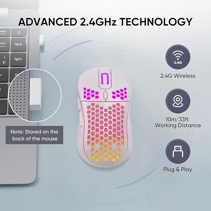 MELOGAGA Wireless Gaming Mouse Honeycomb 2.4G USB Cordless Mouse RGB Rechargeable PC Game Mice with 7-Color LED Lights，4 Adjustable DPI for Windows Laptop Desktop Computers -White