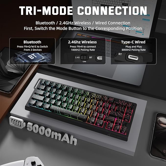 ATTACK SHARK X68 PRO HE Wireless Rapid Trigger Gaming Keyboard with Adjustable Actuation,8K Polling Rate,Hall Effect Magnetic Switch,Hot-Swap,RGB Backlit,BT/2.4GHz/Wired,for FPS Games-Black