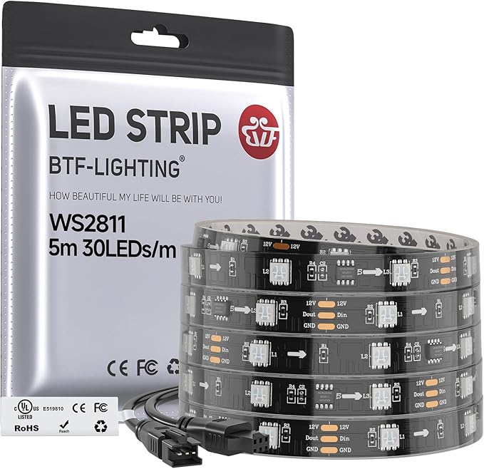 BTF-LIGHTING UL Listed WS2811 IC=RGB+IC Addressable Color RGB LED Strip,16.4FT 30LED/m 10Pixels/m,IP67 Black PCB Flexible DC12V Chasing Effect for Indoor Home Decor(No Adapter or Controller)