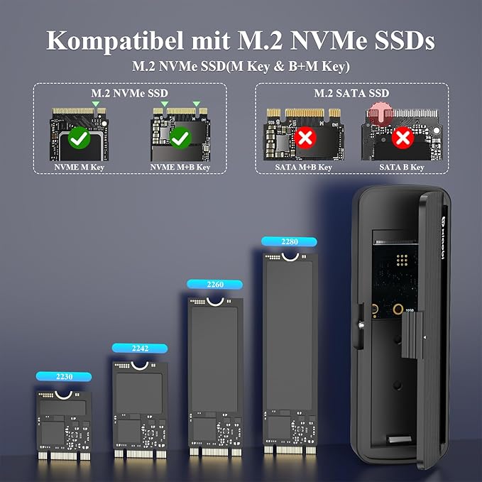 NVMe Enclosure, Tool-Free Installation, USB 3.2 Gen 2 (10 Gbps) to M.2 NVME M-Key/(B+M) Key PCIe SSD Adapter Support UASP and Trim, for SSDs 2230/2242 /2260/2280 (Black)