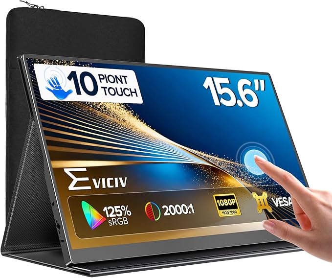 EVICIV Portable Monitor Touchscreen 15.6”, 125% sRGB 1080P IPS 10-Point Touch Screen Monitor, VESA & Case, MINI HDMI USB C, Ultra-Thin Travel Second Screen for Laptop, Computer, Game Consoles