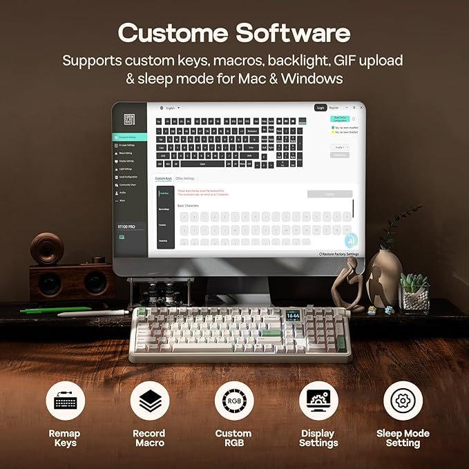 EPOMAKER RT100 PRO Wireless Gaming Keyboard with 1.54" Screen&Knob, RGB, 2.4Ghz/BT/USB-C, Hot Swap, 5000mAh, PBT Keycap, Custom Driver, Retro Mechanical Keyboard for Win/Mac (White, Creamy Jade)