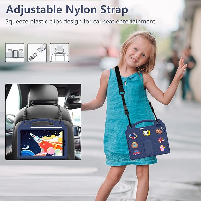 AKABEILA Compatible with Apple iPad 7 2019 10.2/iPad 8 2020 10.2/iPad 9 2021 10.2/iPad Pro 10.5 2017/iPad Air 3 2019 10.5 Tablet Case, Kids Case with Shoulder Strap & Stand Handle & Pen Tray Navy Blue