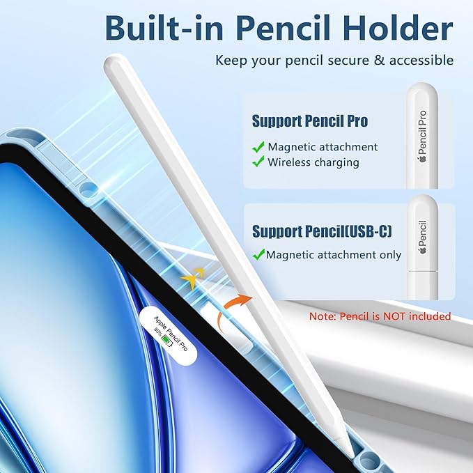 Wenlaty for iPad Air 13 Inch Case M4/M3/M2 (2026/2025/2024) with Pencil Holder, Slim Trifold Stand Protective Cover for iPad Air 13 Case with Clear Transparent Back, Auto Wake/Sleep -Sky Blue