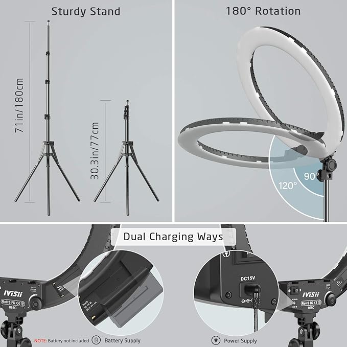 18 inch Ring Light with Stand,60W Bi-Color 3000-5800K Professional Ring Lights with Tripod for Makeup Vlog, Tattoo Large Ring Light for Phone Camera Tablet