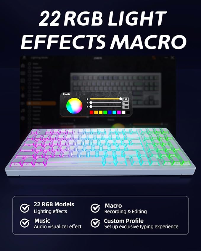 ZORNHER ZH980 Mechanical Keyboard Wireless,95% White Gaming Keyboard with Number Pad,Creamy Keyboard,Cool Five-Sided Lines & Keys Shine Though Keycaps,Creamy Sounding Linear Switches