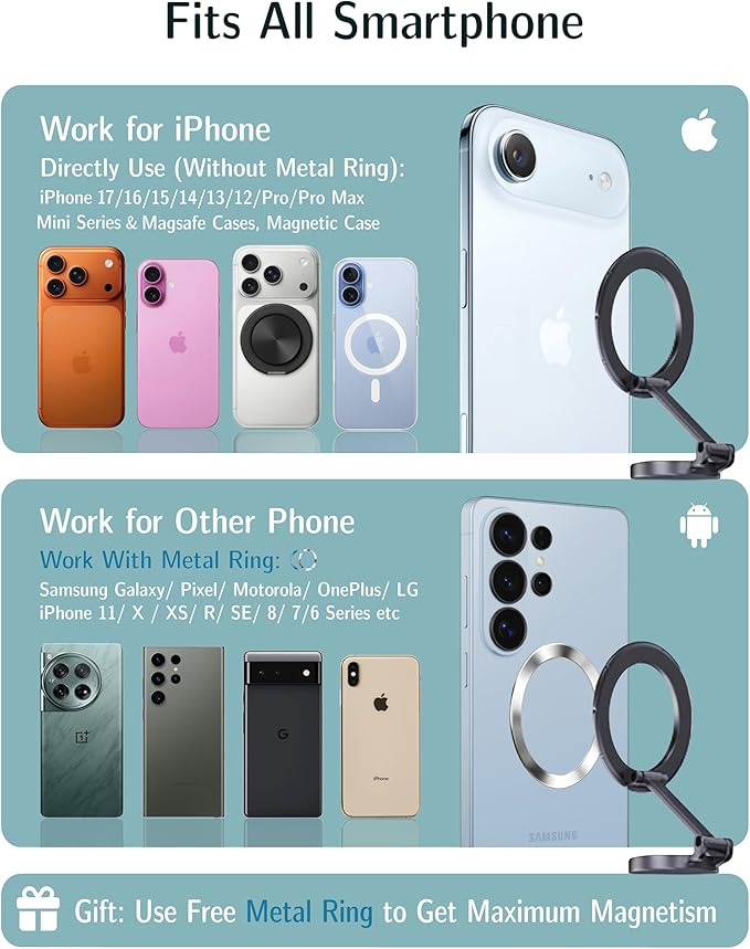 AAF for MagSafe Car Mount, Ultra-Strong Magnetic Phone Holder for Car &Bed &Desk Compact Dashboard Windshield, All Metal 360°Free Rotation [One-Hand Adjustable] Foldable, Easy Setup for iPhone Android