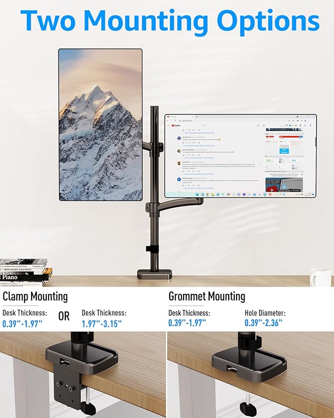 MOUNTUP Vertical Dual Monitor Mount Holds 4.4-17.6lbs, up to 32 Inch Stacked Monitor Mount with Gas Spring Arm with Clamp/Grommet Base Dual Monitor Stand for Desk, VESA 75x75/100x100 MU6012A