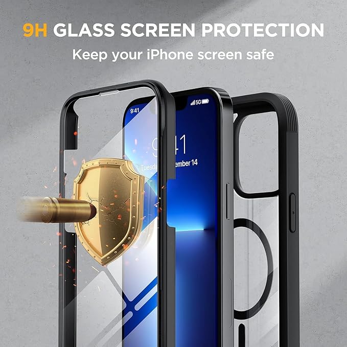 Miracase for iPhone 13 Pro Case 6.1",Full-Body Protection,Clear Bumper Case with Built-in 9H Tempered Glass Screen Protector,Military-Grade Drop Protection Outdoor Phone Case for iPhone 13 Pro,Black