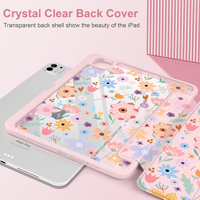 Case for iPad Pro 11 inch (M5) 2025 (M4) 2024 Release Slim Lightweight Cute Light Pink Cover with Clear Back TPU Edge Pencil Holder Trifold Stand, Colorful Flowers