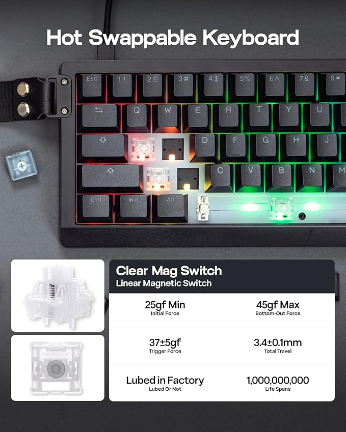 EPOMAKER HE68 Lite Hall Effect Gaming Keyboard, 8k Polling & 128K Scan Rate, 0.005mm Adjustable Trigger, 0.125ms Latency, 5-Layer Sound-Dampened, Snap Key, SOCD, A-RGB, Wired, Mac Software (Black)