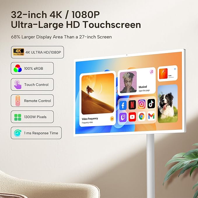 YAOKIREN 32" Smart Portable TV, 4K/1080P Mobile TV, Android OS, 6GB+128GB, Built-in 15000mAh Battery, 13MP Camera for Video Calls, Swivel Rotating Stand, Voice Remote, Wireless Smart Display