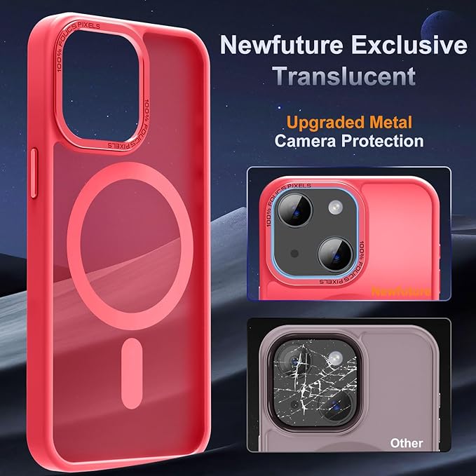 Newfuture Designed for iPhone 13 Case & iPhone 14 Case with Magnetic [13 FT Military Drop Protection] [Compatible with Magsafe] Slim Translucent Shockproof with Anti-Fingerprint Phone Case, Red
