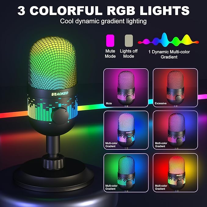 Aokeo USB Gaming Microphone, Condenser Microphone for PC/MAC/PS4/PS5/Phone-Cardioid Mic with RGB Lighting