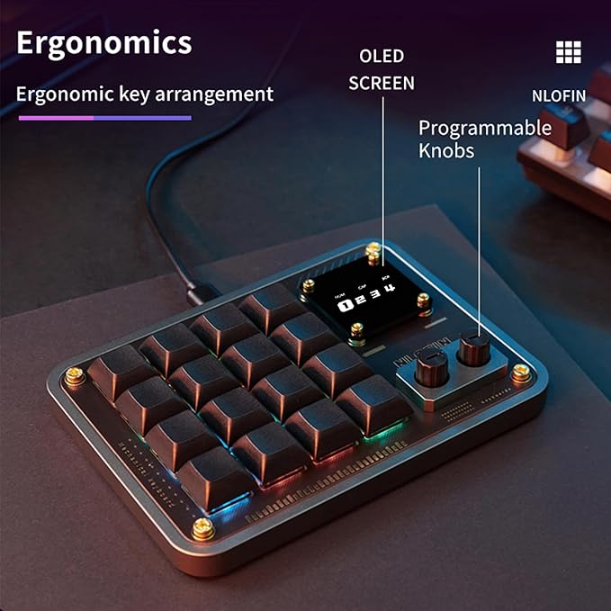 Double Knob Custom Macro Pad Programmable Designer Mini Keyboard 16 Keys with Screen (Black,KB16)