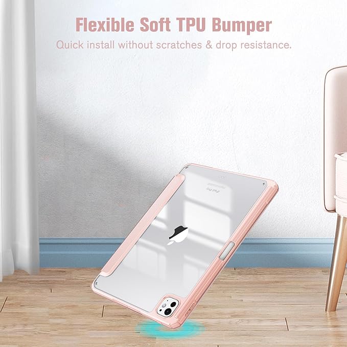 Fintie Hybrid Slim Case for iPad Pro 11-inch (M5) 2025 / (M4) 2024 - [Built-in Pencil Holder] Shockproof Protective Cover with Clear Transparent Back Shell, Rose Gold