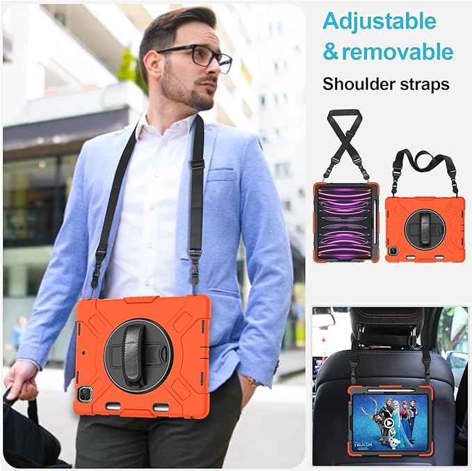 Case for iPad Pro 12.9 2022/2021/ 2020/2018: Cover for iPad Pro 12.9 6th/ 5th/ 4th/ 3rd Generation with Screen Protector- Stand- Pencil Holder- Handle- Shoulder Strap-Orange