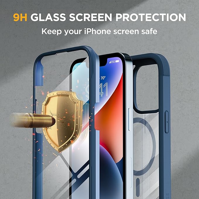 Miracase Glass Series Designed for iPhone 14 Plus Case 6.7 inch, 2023 Upgrade Full-Body Magnetic Clear Case with Built-in 9H Tempered Glass Screen Protector,Compatible with MagSafe,Blue