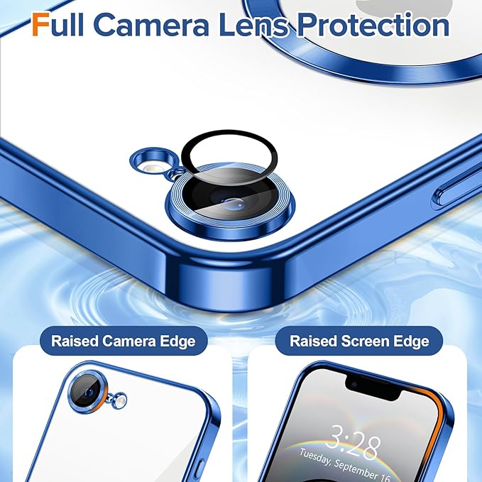 Hython Magnetic Clear for iPhone 16e Case with Camera Lens Protector [Compatible with MagSafe] Luxury Plating Edge Slim Soft TPU Cover Protective Phone Case for iPhone 16e 6.1", Deep Blue