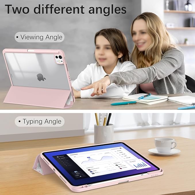 Case for iPad Pro 11-Inch M5/M4 2025/2024 (6th/5th Generation), Case with Pencil Holder, Clear Back Cover Cute Cool Design for Women Girls, Auto Sleep/Wake, Bow Rose