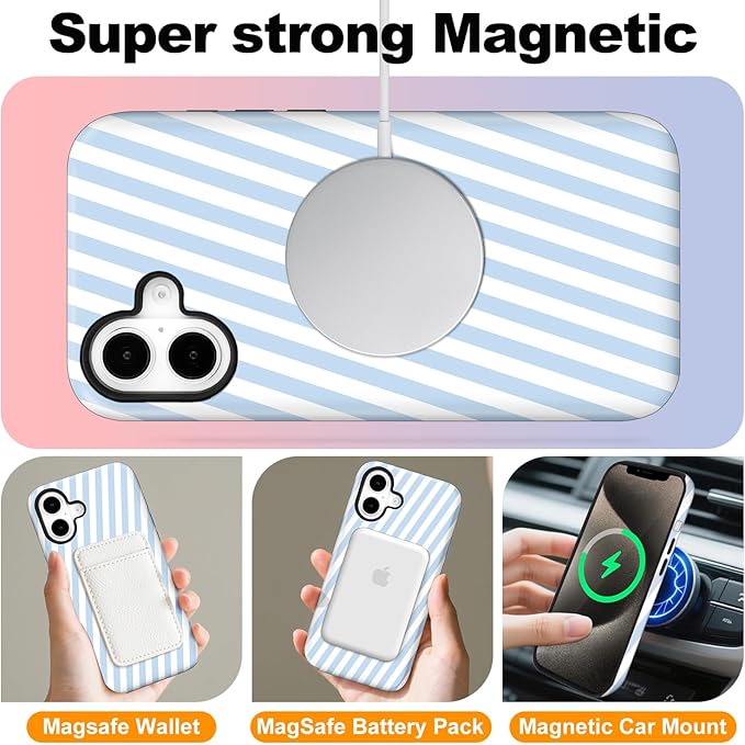 Magnetic for iPhone 16 Case Cute Diagonal Stripes Phone Case, Shockproof Slim TPU and Hard PC Protective Phone Cover Compatible with MagSafe Designed for Women Girls,Blue