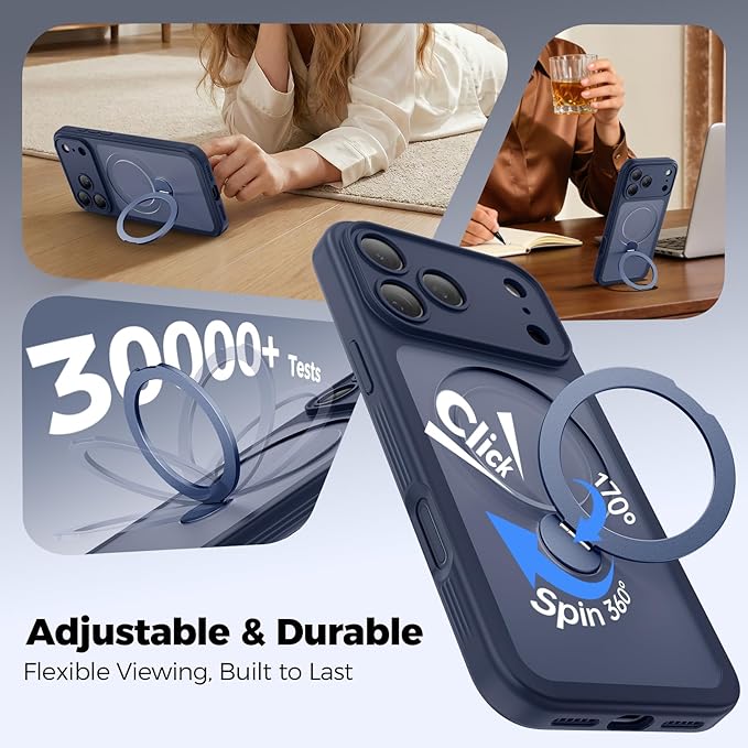 for iPhone 17 Pro Max Case [ 360° Spin Magnetic Stand] [Full Camera Protection] Compatible with Magsafe, 15FT Military-Grade Protection, Translucent Anti-Slip Phone Case 6.9'', Deep Blue