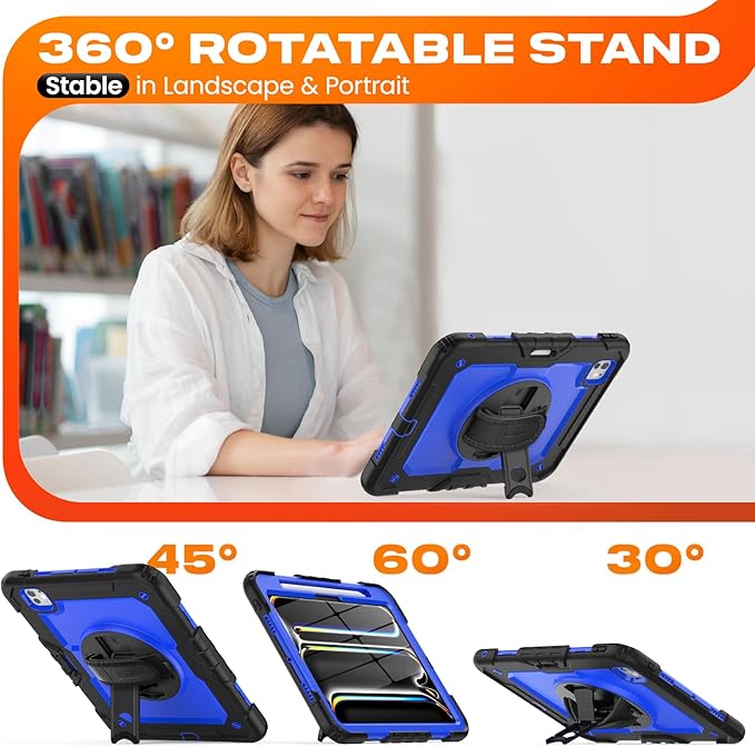 SEYMAC stock Case for iPad Pro 11-inch M5-M4 2025-2024, Shockproof Heavy Duty Case with Screen Protector, Pencil Holder, Rotating Stand, Hand Strap, Shoulder Strap, Blue