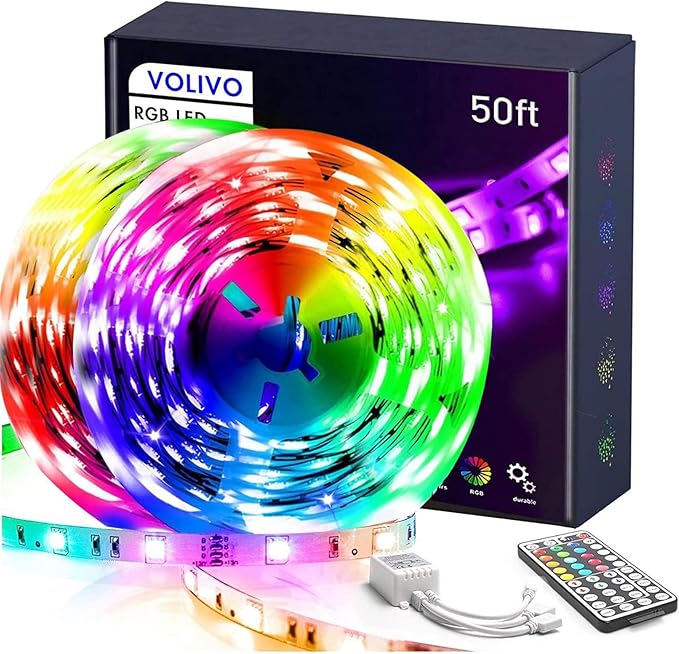 VOLIVO 50ft Led Strip Lights for Bedroom, Color Changing Led Light Strips Kit with Bluetooth App Control and IR Remote, RGB Music Sync Lighting for Room, Home Decor